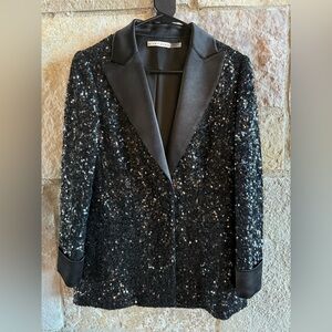 Alice + Olivia Black Sequin Satin-Lapel Blazer